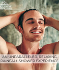 Man enjoying refreshing high pressure rainfall shower head set that delivers a real deal clean by filtering chlorine, heavy metals and impurities while softening water, 15 stage filtration with KDF 55 activated carbon, 90 jets and 360 degree rotation for a dope shower in spa-like environment.