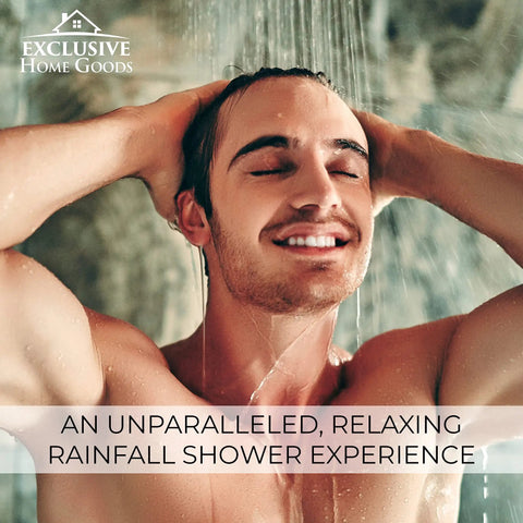 Man enjoying refreshing high pressure rainfall shower head set that delivers a real deal clean by filtering chlorine, heavy metals and impurities while softening water, 15 stage filtration with KDF 55 activated carbon, 90 jets and 360 degree rotation for a dope shower in spa-like environment.