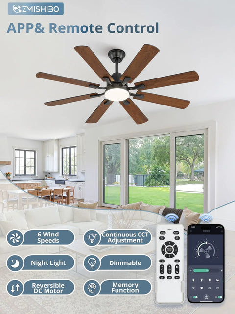 52 Inch Ceiling Fan With Light And Remote, 8 Blade Quiet DC Motor, 20W LED Light, displayed in a modern living room