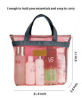 Pink mesh shower caddy bag with zipper, portable hanging toiletry organizer for travel gym beach camping dorms swimming.