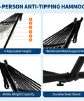 Diagram of Heavy Duty Double Hammock With Stand For Indoor Outdoor Use, 450 Lbs Capacity, 2 Person, adjustable height and steel frame