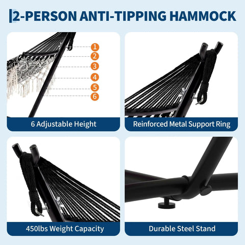 Diagram of Heavy Duty Double Hammock With Stand For Indoor Outdoor Use, 450 Lbs Capacity, 2 Person, adjustable height and steel frame