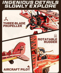 Close-up of 3D Wooden Puzzle For Grownups Gravity Swing Model Kit 163 Piece Set showing propeller, rudder, and pilot details.