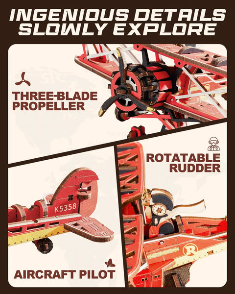 Close-up of 3D Wooden Puzzle For Grownups Gravity Swing Model Kit 163 Piece Set showing propeller, rudder, and pilot details.