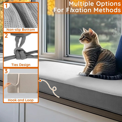 Custom Size Bench Cushion Cover Replaceable Cushion Cover With 80 Plus Colors For Indoor Outdoor Patio Use with non-slip bottom, ties, and hook-loop design for fixation, shown on a window seat in grey.