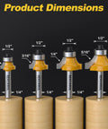 Four Piece Roundover Router Bit Set With One Quarter Inch Shank Durable Carbide Inserts For Woodworking Edge Rounding Bits In One Eighth Three Sixteenths One Quarter And Five Sixteenths Radius showing dimensions.