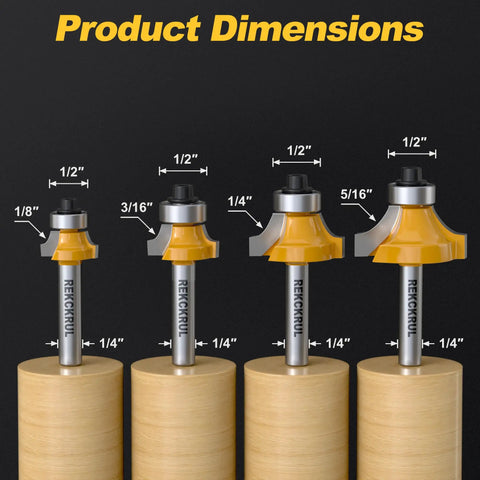 Four Piece Roundover Router Bit Set With One Quarter Inch Shank Durable Carbide Inserts For Woodworking Edge Rounding Bits In One Eighth Three Sixteenths One Quarter And Five Sixteenths Radius showing dimensions.