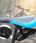 Grab-and-Go Bike Repair Kit With Blue Mini Tire Pump and 11-In-1 Tool under bike saddle, showing compact storage bag