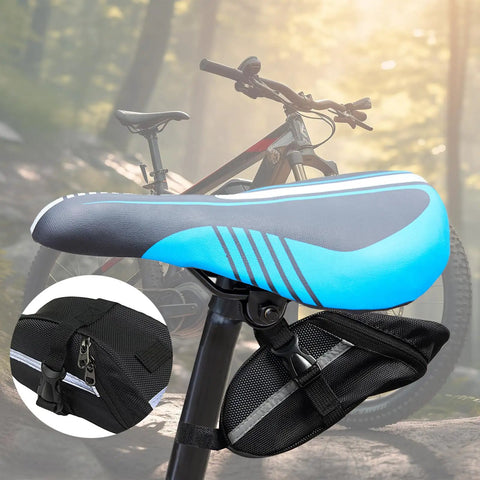 Grab-and-Go Bike Repair Kit With Blue Mini Tire Pump and 11-In-1 Tool under bike saddle, showing compact storage bag