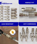 Cosmostar front view: 16-piece air hose fittings set with 1/4 inch NPT quick-connects; chrome-plated.

Cosmostar close-up: 1/4 inch NPT air couplers and plugs; knurled chrome-plated fittings.

Cosmostar installed view: installed 1/4 inch NPT quick-connect on air hose.

Cosmostar lineup view: chrome-plated adapters and couplers for air compressors, multiple sizes.