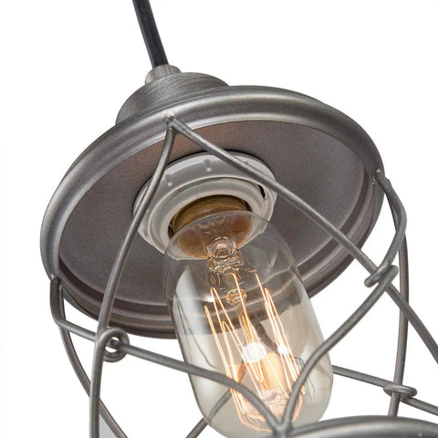 Close-up of Geometric Silver Brushed Mini Pendant Light for Kitchen Island and Hallway, Rustic Industrial Cage Fixture showing bulb