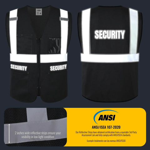 Rock Solid High Visibility Security Vest Crafted For Day Shift Crews With Full Zipper Front Five Spacious Pockets And Bright Reflective Tape That Keeps You Clearly Visible Meets Ansi Safety Rules In Jet Black Xl, featuring ANSI reflective strips.