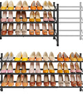 Expandable Three Tier Shoe Rack For Closet And Entryway, Adjustable From 28 To 41 Inches, Stackable Metal Shoe Organizer shown with shoes