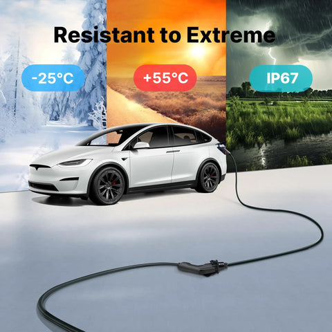 Plug And Play Heavy Duty J1772 EV Charger Extension Cable 40 Amp 20 Foot charging cord connected to vehicle in extreme weather conditions.