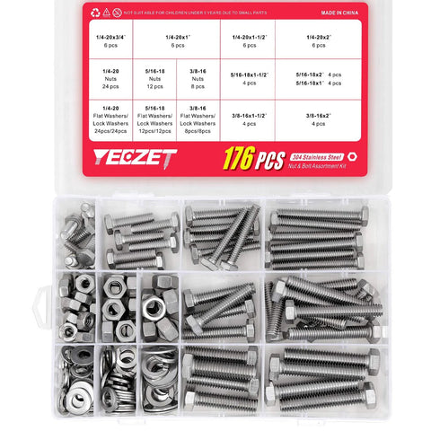 176-piece stainless steel bolts, nuts, and washers assortment kit in a clear plastic organizer
