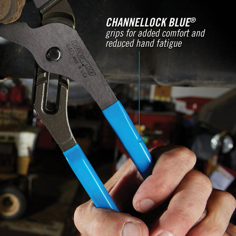 Person using 12 Inch Tongue And Groove Pliers With Straight Jaw For Boss Grip Laser Heat Treated Teeth and Undercut No Slip Design