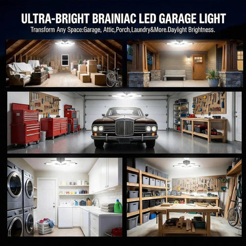 Installation examples of Garage Light Bulb 150W LED With 6 Adjustable Panels E26 E27 Socket Ultra Bright 15000 Lumens Ceiling Shop Light For Garage Workshop Barn Energy Saver 2 Pack in various spaces.