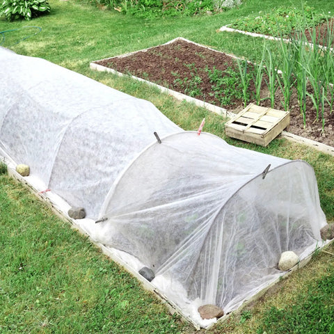 Two Pack 10 By 33 Feet Backyard Garden Netting Ultra Fine Mesh That Keeps Birds And Bugs Out While Shielding Vegetables And Fruits Raised Bed Plant Covers For Outdoor Garden Protection installed over garden bed.