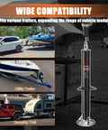 Front view of a 5000 lb A-frame trailer jack, 30-in lift, black steel with adjustable drop leg