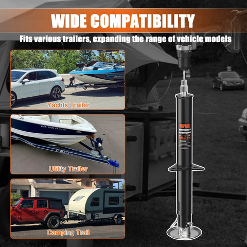 Front view of a 5000 lb A-frame trailer jack, 30-in lift, black steel with adjustable drop leg