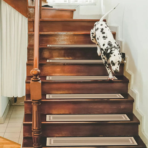 Dog walking on wooden stairs with beige 15 Pack Non Slip Stair Treads 8x30 Inches For Indoor Wooden Stairs Beige Reusable Machine Washable Carpet
