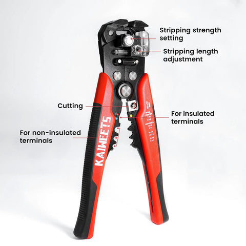 Self Adjusting Wire Stripper 3 In 1 Heavy Duty Automatic Wire Stripping Tool For 10 24 AWG Cables Easy Electrical Wire Cutter And Crimping Tool Ideal For Home DIY And Pro Projects With Ergonomic Grip showing settings and features.
