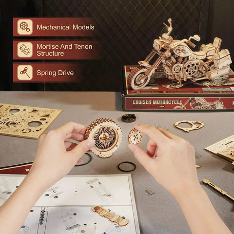 3D Wooden Motorcycle Puzzle Kit for Adults 1 To 8 Scale Buildable Mechanical Model, DIY Wood Craft Hobby for Men Women, Realistic V4 Engine, Wind Up Bike, Dope Gift, Home Decor, wooden motorcycle parts assembled by hand