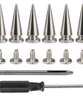 Twenty Pairs Of One Inch Silver Zinc Alloy Bullet Cone Spike Studs With Heavy Duty Iron Screws For Sick Punk Rock Leather And Kickass Streetwear Custom Accents Includes Quick Setup Tools displayed with screws and tools.