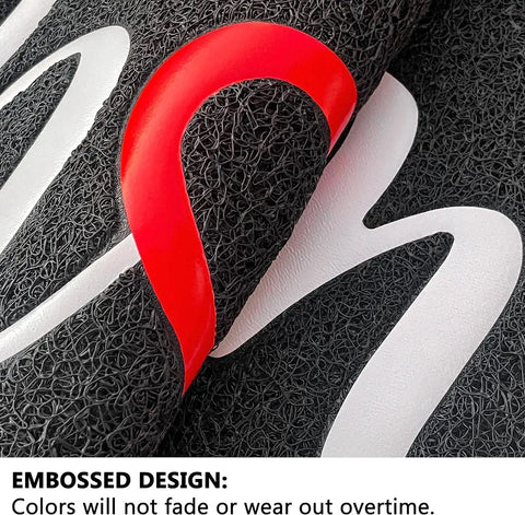 Embossed design detail of Heavy Duty Non Slip Door Mat For Indoor Outdoor Use 30 By 17.5 Inches with PVC loops trapping dirt.