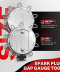 Spark plug gap gauge tool with metric and SAE measurements on a metallic disc