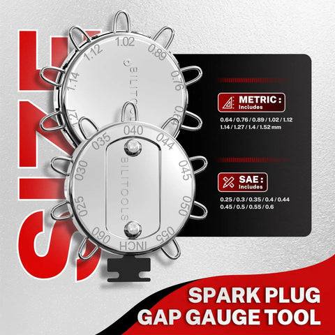 Spark plug gap gauge tool with metric and SAE measurements on a metallic disc
