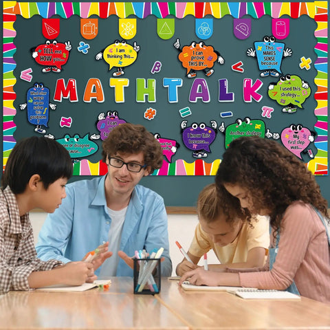 Teacher and students discussing in front of Math Talk Bulletin Board Decor Set for Teachers and Classrooms, 54 Piece Classroom Kit.