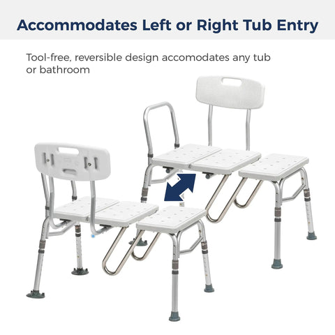 Tub Transfer Bench With U Shaped Cutout Guard Keeps Shower Curtain Inside Tub No Spill Design Adjustable Height Reversible Layout 400 Lb Capacity Safe Bathing Aid For Easy Entry And Exit White, reversible design for left or right entry