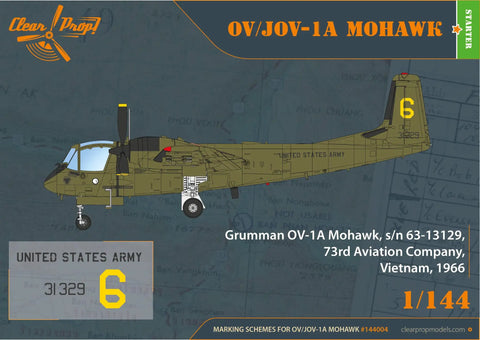 Box art of 1/144 OV-1 Mohawk Military Aircraft Model Kit displaying army markings and Vietnam War scheme for collectors.