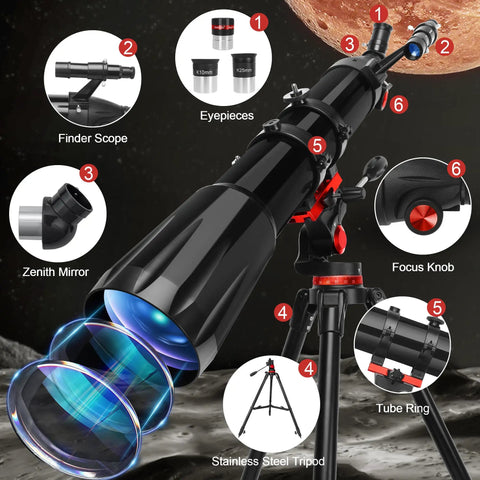90Mm Aperture Refractor Telescope for Adults Kids and Beginners with 900Mm Focal Length 450X Magnification Includes Stainless Tripod