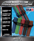 Promotional image of Blue Demon Rod-Rak with multi-colored storage tubes for organizing welding rods and tubes, made in USA.
