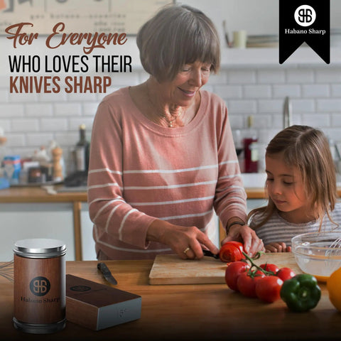Woman and child using Rolling Knife Sharpener Kit With Diamond Stone And Magnetic Angle Guides for kitchen knives.