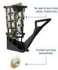 Wall Mounted Can Crusher For Soda And Aluminum 12 Oz Recycling One Hand Operated With Extended Lever holding crushed cans above.