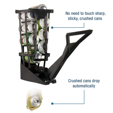 Wall Mounted Can Crusher For Soda And Aluminum 12 Oz Recycling One Hand Operated With Extended Lever holding crushed cans above.