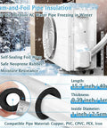 4 Pack Self Adhesive Pre Slit Foam Pipe Insulation Tubes With Aluminum Foil For Outdoor Water Pipes Plumbing And Irrigation Freeze Protection Inside Diameter One Inch Length Fifteen Point Seven Inches Thick Three Eighths Inch, diagram showing product measurements and application on pipes