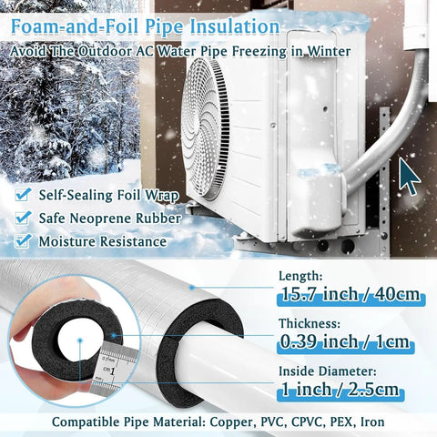 4 Pack Self Adhesive Pre Slit Foam Pipe Insulation Tubes With Aluminum Foil For Outdoor Water Pipes Plumbing And Irrigation Freeze Protection Inside Diameter One Inch Length Fifteen Point Seven Inches Thick Three Eighths Inch, diagram showing product measurements and application on pipes