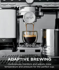 Front view of Luxe Café Pro Series 4 In 1 Espresso Machine With Built In Grinder And Integrated Tamper, brewing espresso into a cup.