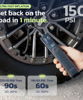 Cordless Tire Inflator Portable Air Compressor For Cars And Trucks 150 PSI High Flow Pump 22 L Per Minute Auto Shut Off 12V DC Cord Off Road Ready Fast Inflation On The Go in use on tire