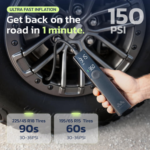 Cordless Tire Inflator Portable Air Compressor For Cars And Trucks 150 PSI High Flow Pump 22 L Per Minute Auto Shut Off 12V DC Cord Off Road Ready Fast Inflation On The Go in use on tire