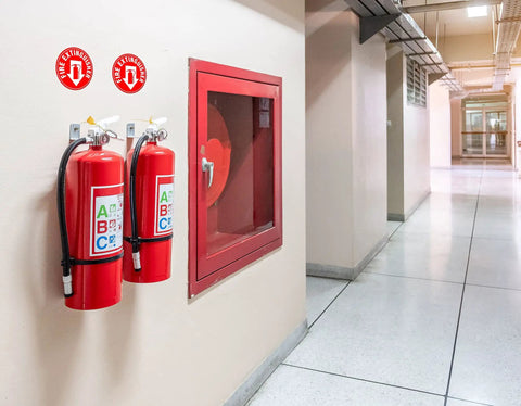 Set Of 5 Fire Extinguisher Signs 4 Point 5 Inch Circle Waterproof Laminated Vinyl Stickers above fire extinguishers in hallway