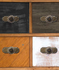 Vintage Antique Brass Cabinet Knobs With Backplates 8 Pack Drawer Pulls for Kitchen and Dresser Cabinets shown on wood surfaces