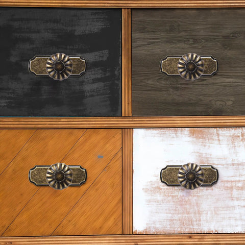 Vintage Antique Brass Cabinet Knobs With Backplates 8 Pack Drawer Pulls for Kitchen and Dresser Cabinets shown on wood surfaces