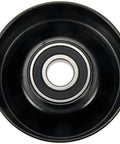 Front view of a black Dorman 419-672 accessory drive belt idler pulley with metal bearing