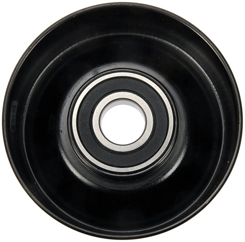 Front view of a black Dorman 419-672 accessory drive belt idler pulley with metal bearing