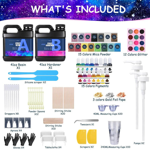 All In One 82 Oz Epoxy Resin Kit With 15 Pigments And 15 Mica Colors For Crystal Clear Casting No Yellowing No Bubbles in Art Crafts Jewelry Making Woodworking Molds Includes Pump Head Measuring Cups Spatula Gloves